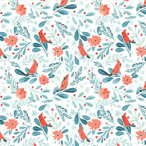 Christmas Cardinals, Floral Christmas, Blue Christmas Fabric, Clara Jean Fabric, Dear Stella