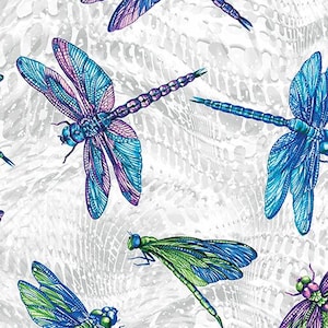 May include: A repeating pattern of colorful dragonflies on a white background. The dragonflies feature intricate details with blue, purple, and green wings. The background has a textured, marbled appearance.