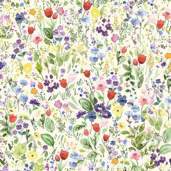 Remnant Floral Fabric, Watercolor Cotton, Field of Flowers, Timeless Treasures