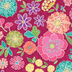 End of Bolt Remnatnt 3/8 yd (16&quot;) Fuchsia Mid Floral Cotton Fabric, Sew Bloom, Cherry Guidry, Benartex Fabrics