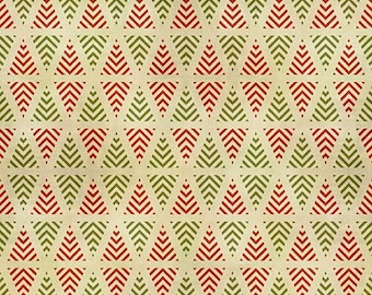 May include: A seamless pattern of red and green triangles on a beige background. The triangles are arranged in a repeating pattern to create a geometric design.