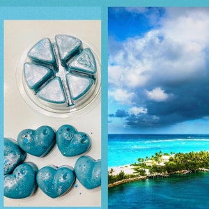 May include: A set of teal blue wax melts in the shape of hearts and a round wax melt with six segments. The wax melts are on a white surface. The background is a split image of a blue sky with white clouds and a tropical island with turquoise water.