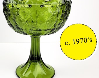 Vintage Green Crimped Glass Compote Footed Dish - Indiana Glass - c. 1970s