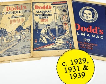 Vintage Ephemera - Dodd's Household Hints Almanac - c. 1929, 1931 & 1939