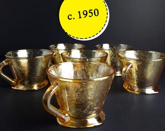 Vintage Orange "Floragold" Glass Teacups - Jeannette Glass - c. 1950