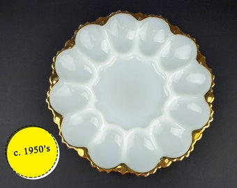 Vintage "Golden Shell" Milk Glass Devilled Egg Serving Dish - Anchor Hocking - c. 1950's