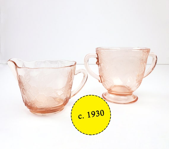 Vintage Pink "Dogwood" Depression Glass Creamer and Sugar Bowl - Macbeth-Evans - c. 1930