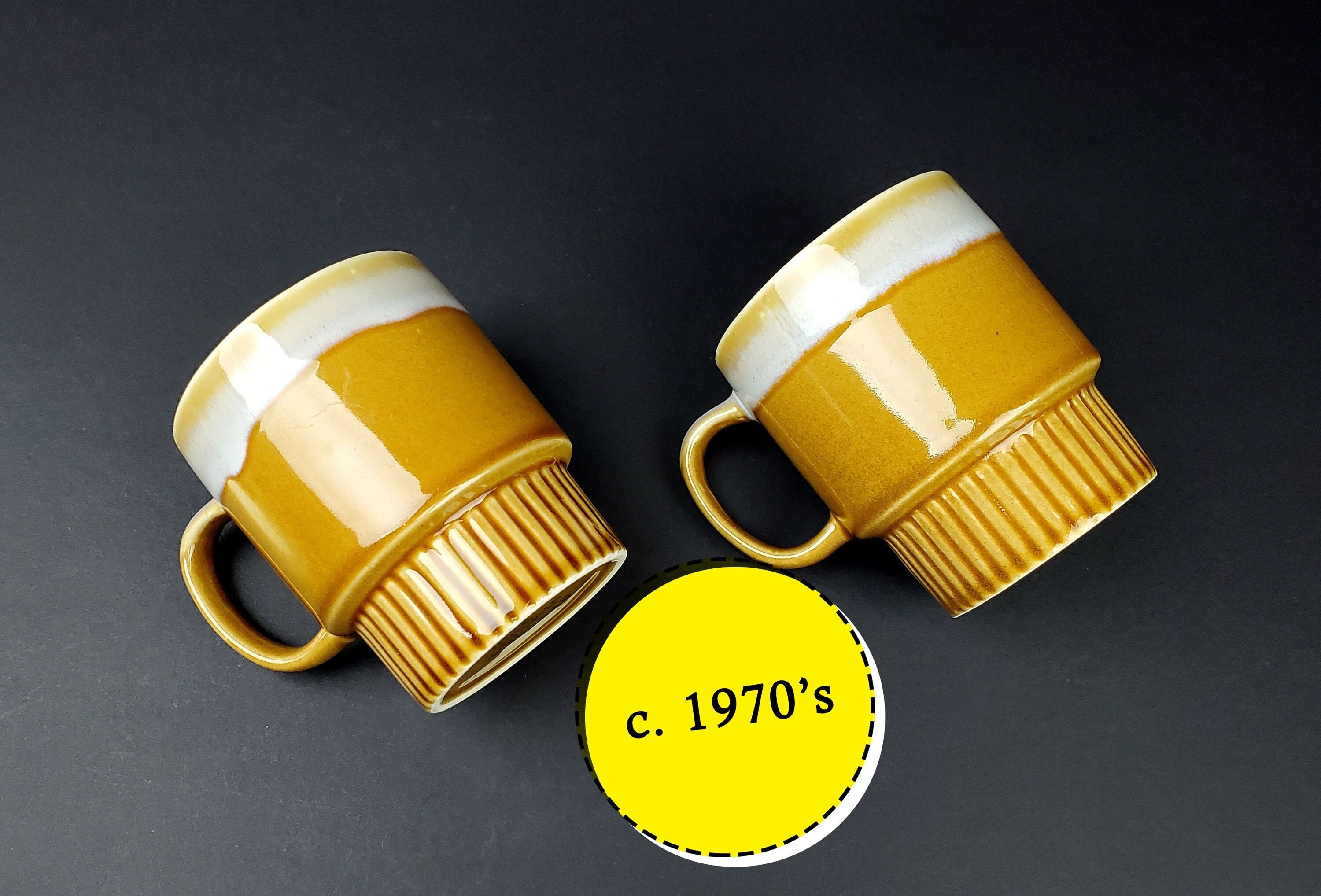 Vintage Seventies Drip Glaze Mugs - Festival Stoneware - c. 1970's