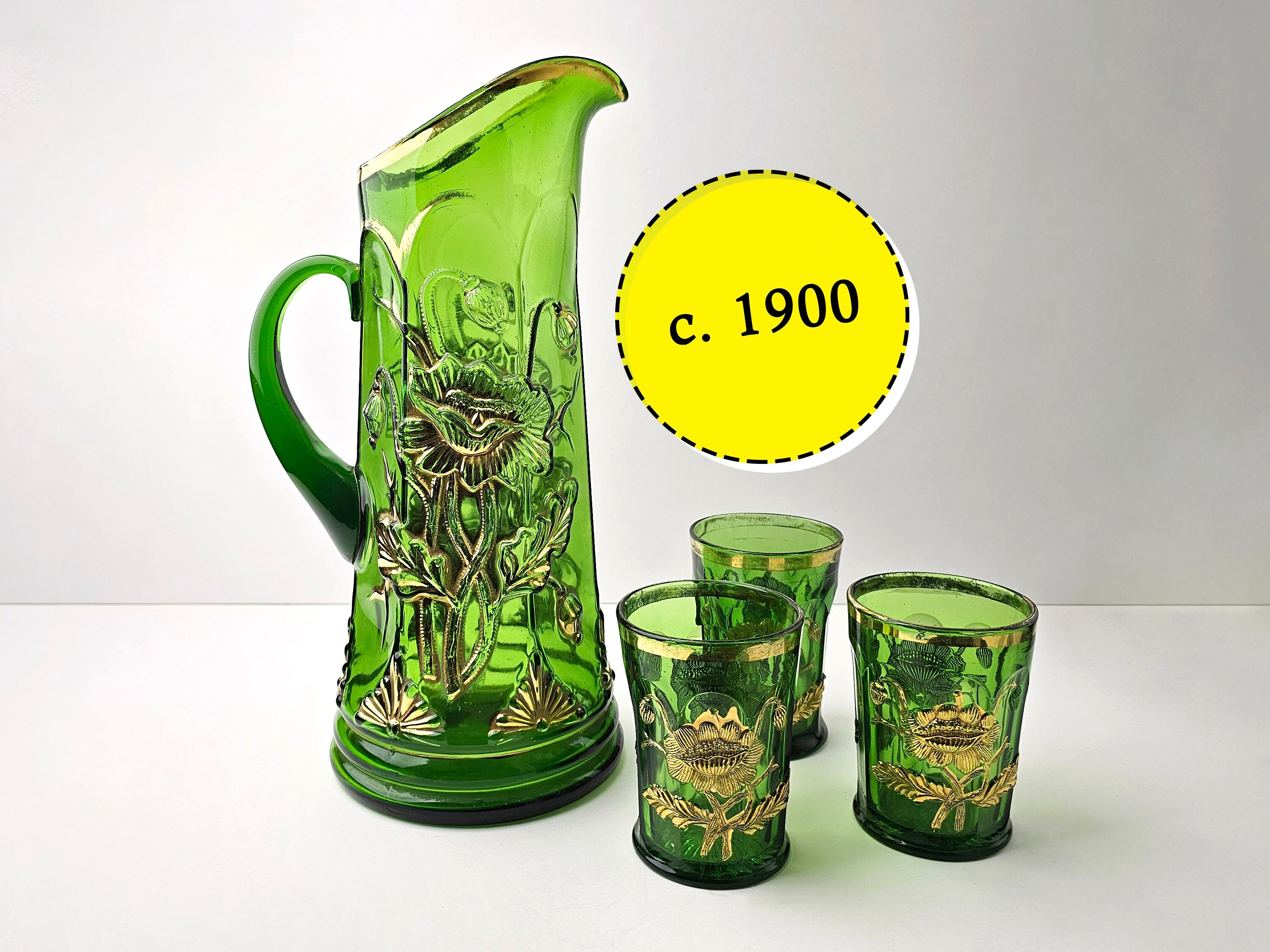 Antique Emerald Green Northwood Pitcher and Drinking Glass Set