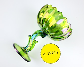 Vintage Green Iridescent Glass Compote - Indiana Glass - c. 1970s