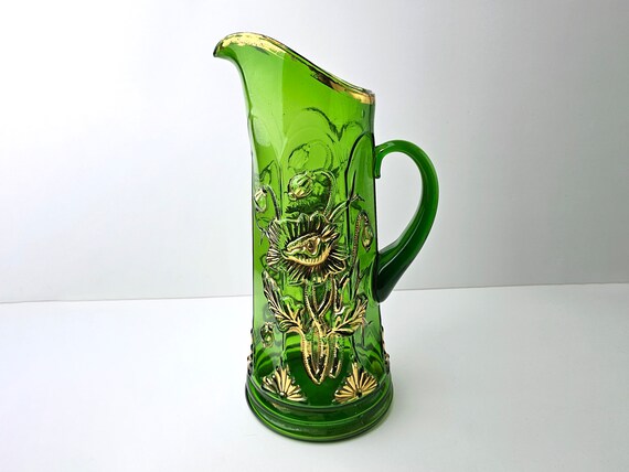 Antique Emerald Green Northwood Pitcher and Drinking Glass Set