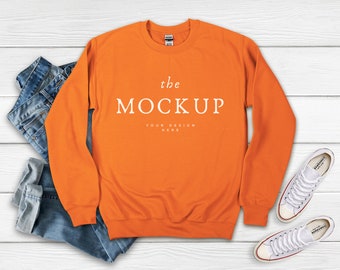 Orange Gildan 18000 Sweatshirt Mock Up, Sweatshirt 18000 Mockup, Crewneck Sweatshirt Flat Lay, Sweatshirt Mockups, Orange Sweatshirt Mockup