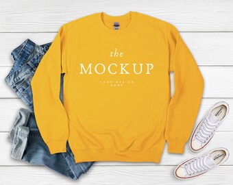 Gold Gildan 18000 Sweatshirt Mock Up, Sweatshirt 18000 Mockup,  Crewneck Sweatshirt Flat Lay, Sweatshirt Mockups, Gold Sweatshirt Mockup