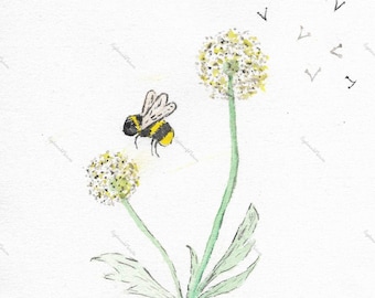 Bumblebee and Dandelions, high quality download of watercolor original