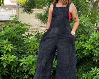 Beautiful Handmade Patchwork Jumpsuit with Wide-Leg Overalls and 2 side Pockets, Black.