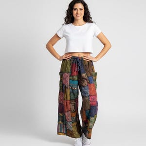 Patchwork Pants, Wide Leg with Elastic Waist Patch Work Unique Style, Multiple Colors, Unisex 100%Cotton, Assorted Colors. Made in Thailand