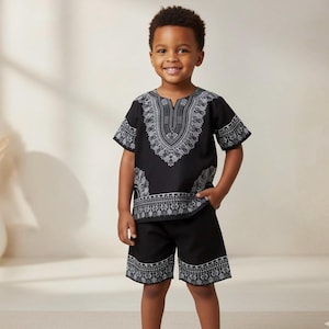 Conjunto de pelele Dashiki para niños, conjunto de camisa y shorts con estampado africano, atuendo bohemio de verano, ropa para festivales, ropa étnica informal de playa. imagen 1