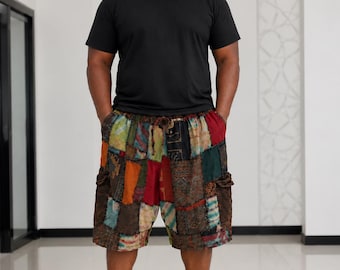 Men's Plus Size Cargo Shorts Patchwork, Boho Hippie Shorts, Handmade Festival Shorts, Vintage Cotton Summer Shorts, Casual Beachwear Shorts