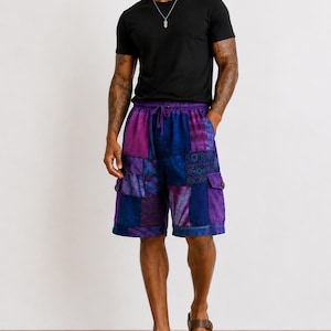 Men's Patchwork Shorts Boho, Hippie Green Blue Cargo Shorts, Bohemian Festival Clothing Men, Ethnic Tribal Print Shorts, Baggy Beach Shorts