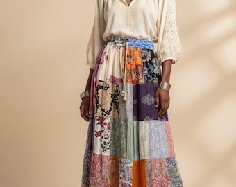Boho Patchwork Maxi Skirt – Colorful Long Skirt with Adjustable Waist | Flowing Bohemian Skirt | Summer Festival Outfit