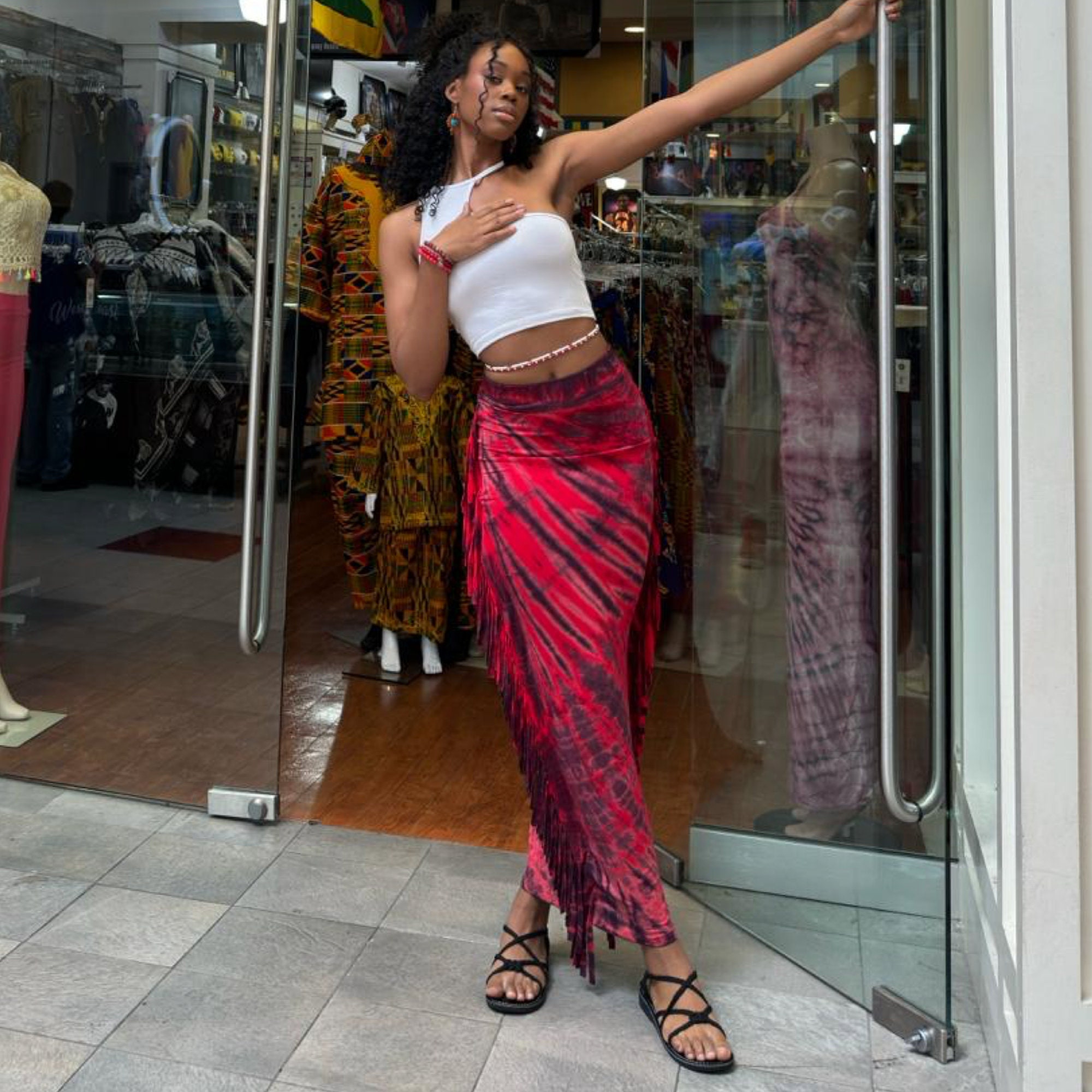 Women's Maxi Tie Dye Skirt With Fringe Maxi Bodycon Midi