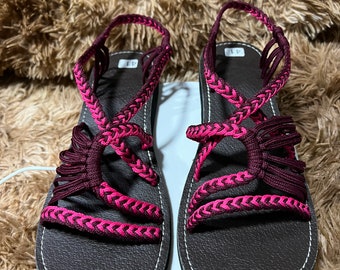 Beautiful Handmade KV Women’s Braided Sandals Summer Beach  Pink & Burgundy Open Toe Slippers.