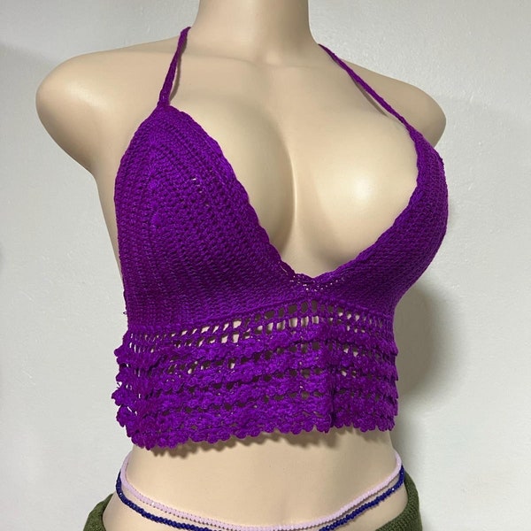 Beautiful Handmade Purple Bikini Halter Top, Knitting Crochet Crop Top Crochet Bralette Summer Beach.