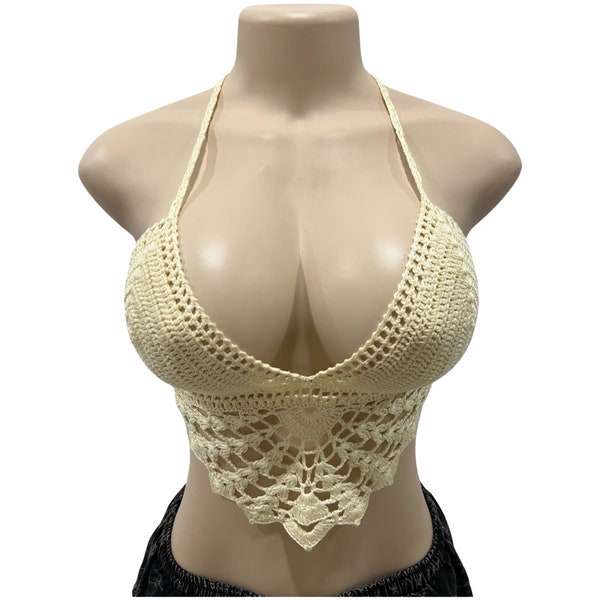 Beautiful Handmade Cream Bikini Halter Top with flower, Knitting Crochet Crop Top Crochet Bralette Summer Beach.