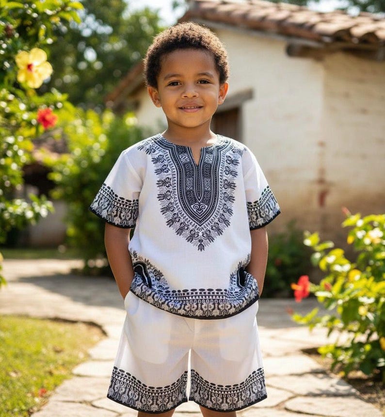 Conjunto de pelele Dashiki para niños, conjunto de camisa y shorts con estampado africano, atuendo bohemio de verano, ropa para festivales, ropa étnica informal de playa. imagen 2
