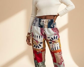 Bring vibrant personality into your everyday style with these Handmade Boho Patchwork Jogger Pants, Assorted patches.