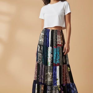 Rayon Patchwork Skirt: Long Tiered Boho Maxi Skirt assorted patches