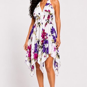 Hibiscus Flower Halter Dress: Rayon Summer V-Neck