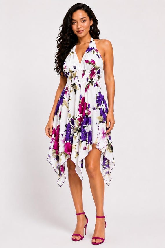 Hibiscus Flower Halter Dress: Rayon Summer V-Neck