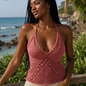 Women's Crochet Halter Top, Boho Crochet Tank Top, Handmade Summer Top, Festival Beachwear, Women's Open Back Knit Top, Hippie Style Dusty Rose