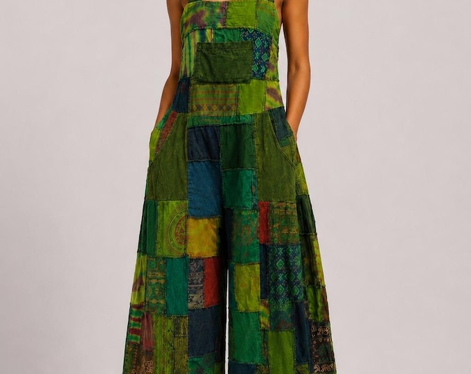 Women's Patchwork Jumpsuit, Boho Wide Leg Overalls, Hippie Festival Outfit, Vintage Style Romper, Casual Summer Jumpsuit