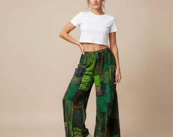 Patchwork Cotton Wide Leg Pants: Elastic Waist, Unisex Style Multicolor, Assorted Colors.