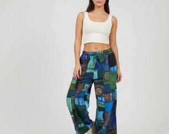 Patchwork Cotton Pants: Wide Leg Hippie Style, Elastic Waist