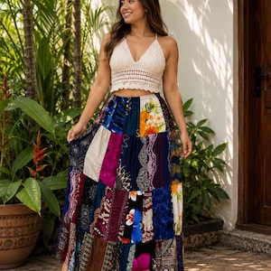 Rayon Patchwork Skirt: Long Tiered Boho Maxi Skirt assorted patches