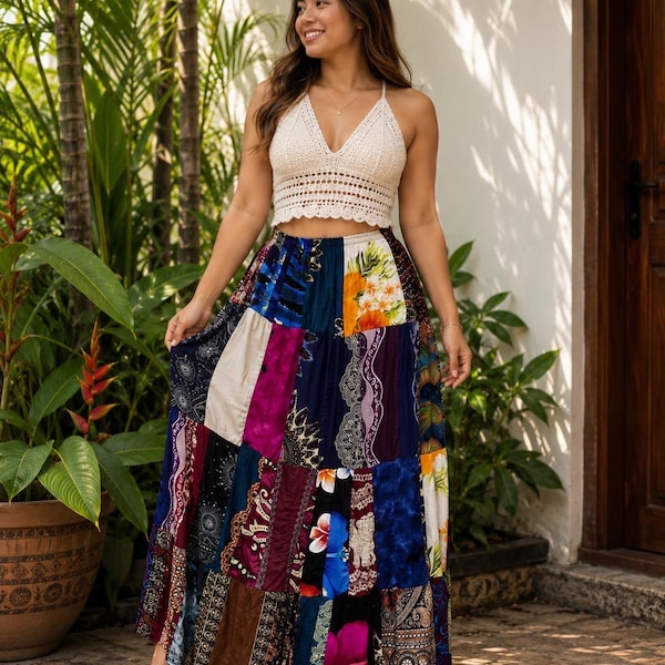 Women's Rayon Patchwork Skirt, Long Tiered Boho Maxi Skirt, Festival Clothing Women, Hippie Tiered Skirt, Summer Maxi, Mixed Print Skirt