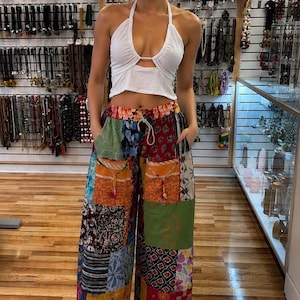 Boho Patchwork Straight-Leg Pants • Colorful Mixed Print Cotton Pants • Relaxed Fit Festival Pants • Unique Handmade Style Assorted Colors.