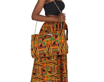 Kente Long Maxi Skirt and Headband With Handbag.