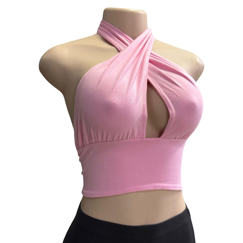 Women's Pink Halter Top, Criss Cross Crop Top, Y2K Aesthetic Wrap Top, Cute Going Out Shirt, Pastel Clubbing Top, Festival Clothing Women image 2