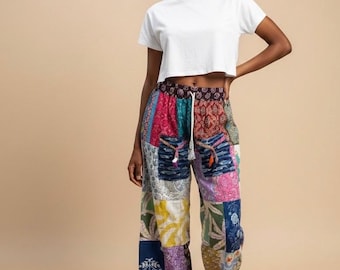 Boho Patchwork Straight-Leg Pants • Colorful Mixed Print Cotton Pants • Relaxed Fit Festival Pants • Unique Handmade Style Assorted Colors.