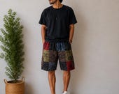 Men’s Patchwork Cargo Shorts, Boho Hippie Shorts, Festival Summer Shorts, Elastic Waist Cotton Shorts, Tribal Print.