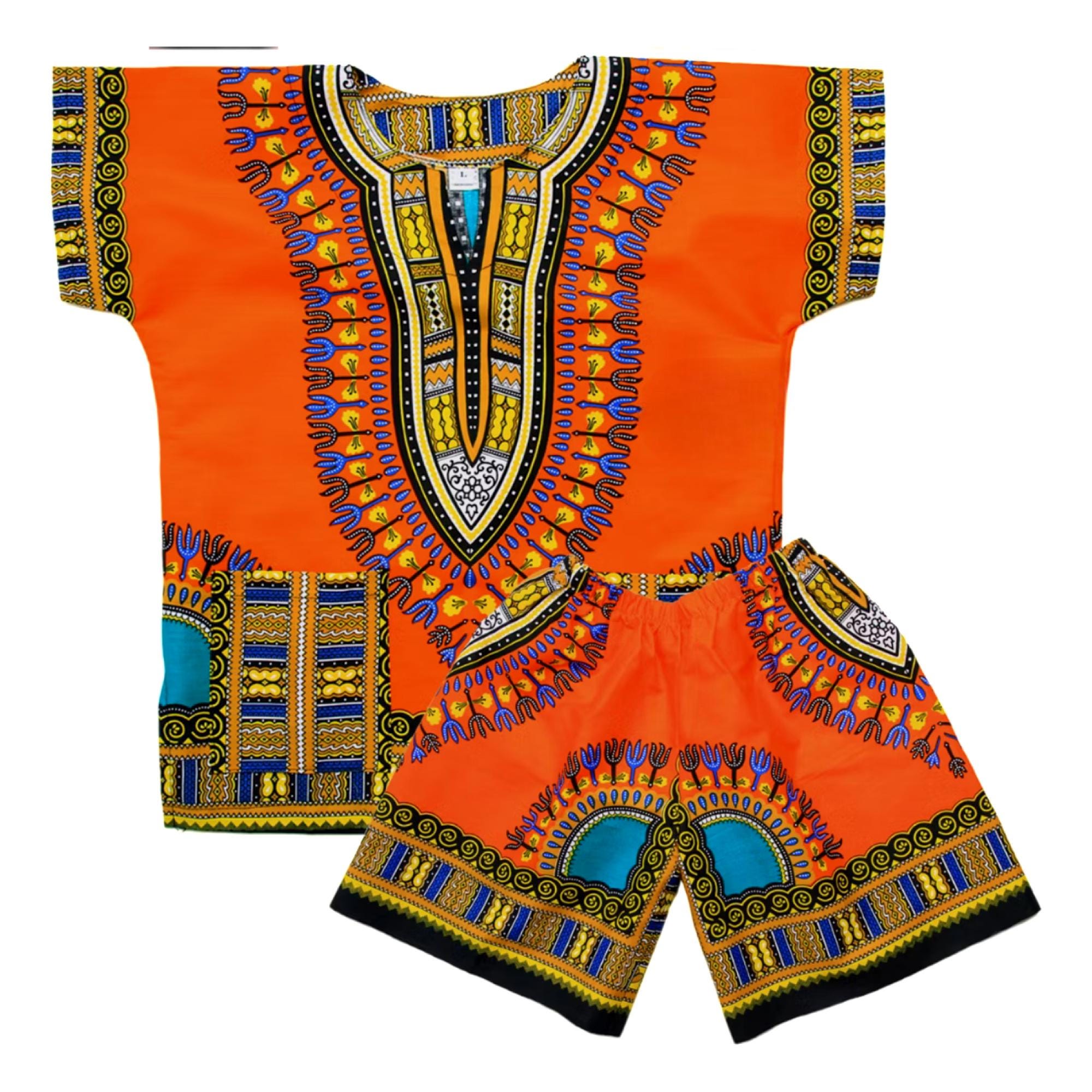 Foweknow Tuta estiva da uomo in due pezzi, set africano Dashiki stampato 3D, tuta da jogging alla moda, maglietta e pantaloncini, 01 arancione., S