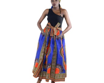 African Long Maxi Dashiki Skirt With Matching Headwrap and Facemask.