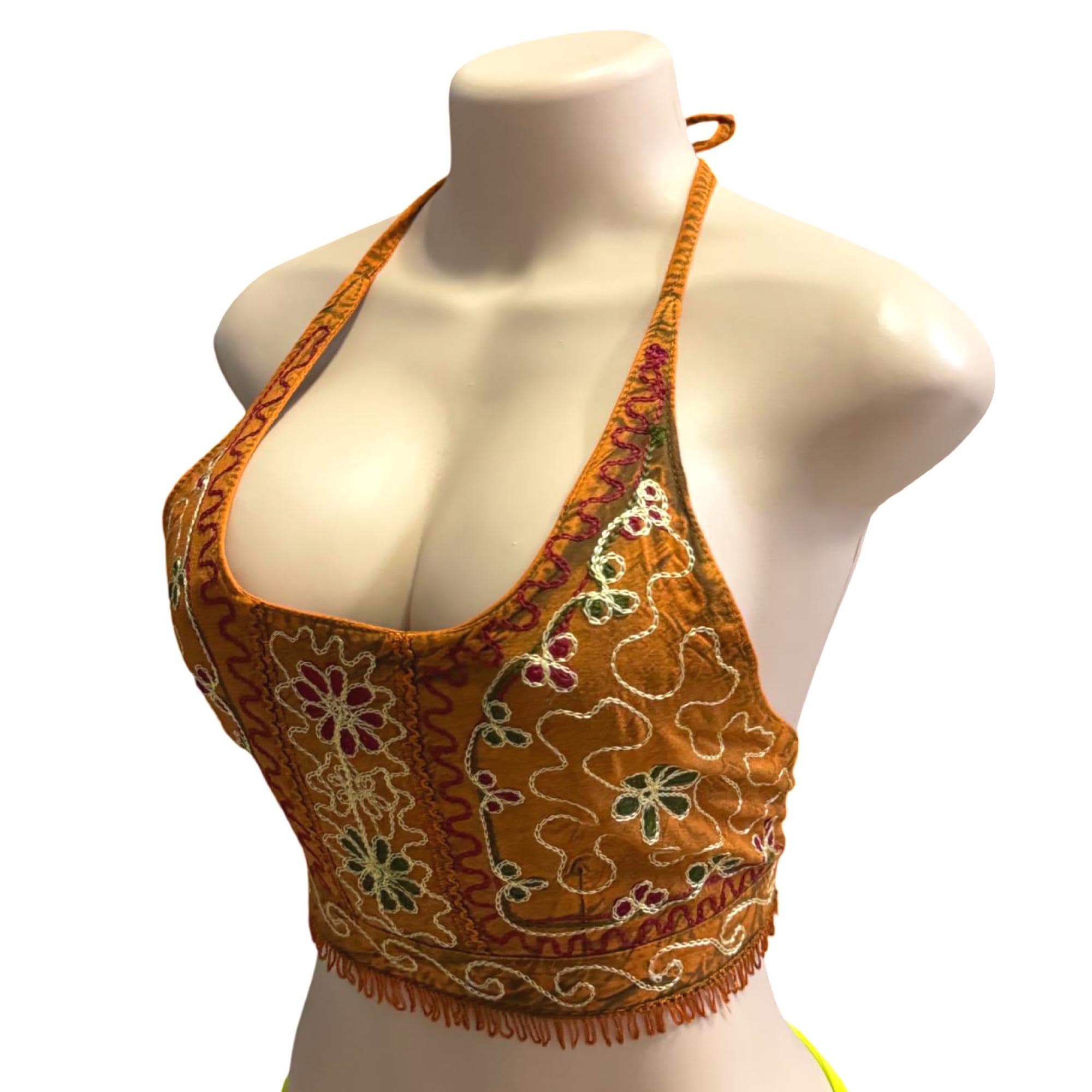 Women’s Festival Rust Orange Halter Top Crop Tie Back Hand Embroidery w/Beautiful Flowers & Fringe Soft Comfy Unique Reversible Adjustable
