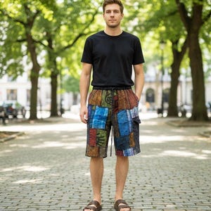 Handmade Patchwork Cotton Shorts: Boho Hippie Summer Joggers, Assorted colors.