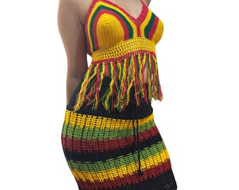 Rasta Crochet Skirts and Reggae Crochet Tops w/ Fringe Boho Hippy Comfy Summer Beach Set. 100% Hand Knitted