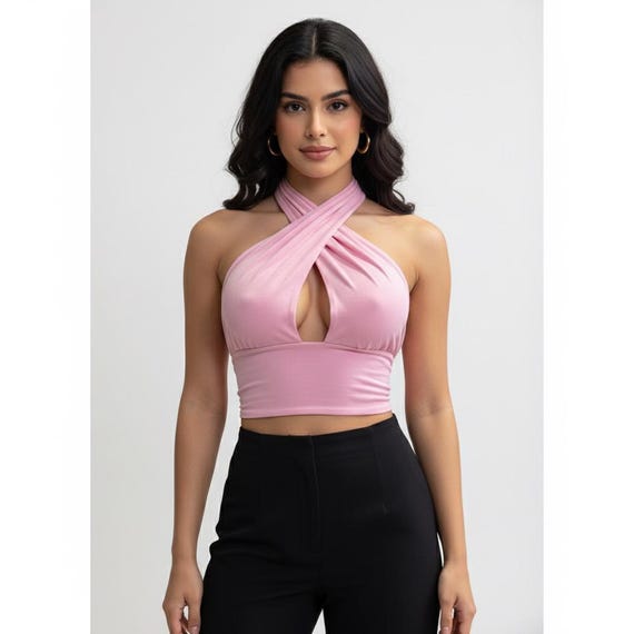 Women's Pink Halter Top, Criss Cross Crop Top, Y2K Aesthetic Wrap Top, Cute Going Out Shirt, Pastel Clubbing Top, Festival Clothing Women